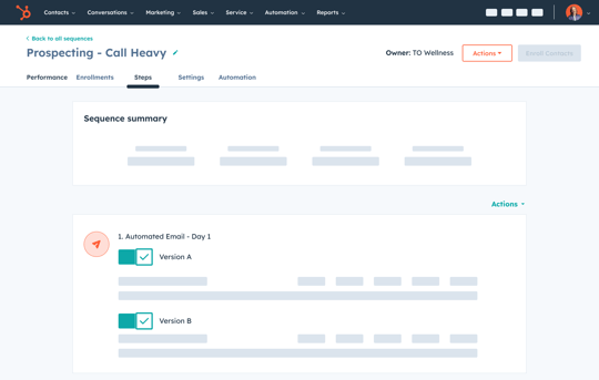 sales hub simple user interface showing prospecting sequence